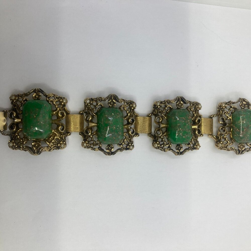 Vtg '60 SELRO SELINI ? chunky green lucite faux pearl gold tone panel  bracelet